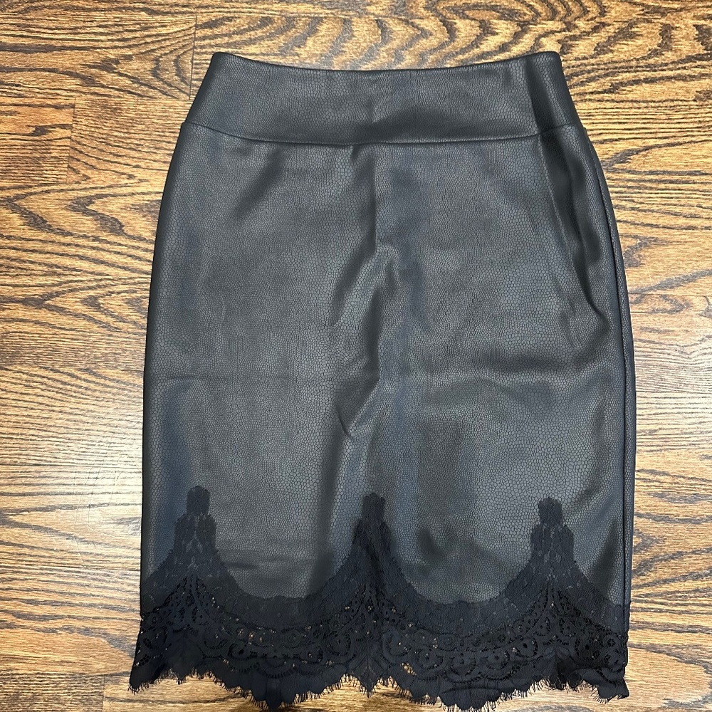Faux Leather Pencil Skirt with Lace Trim Black